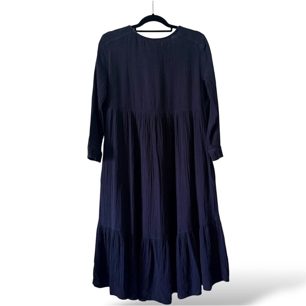 XiRENA Navy Gauze Cotton Crinkle Dress Size Small Boho V-Neck Tiered Midi - Picture 4 of 9